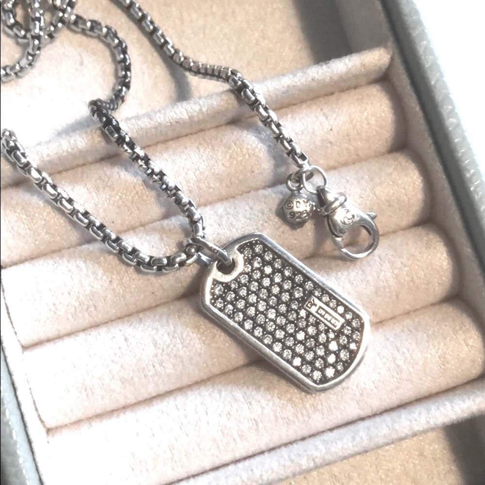 David Yurman Exotic Pavé Gray Sapphire Tag Pendant & Sterling Silver Chain